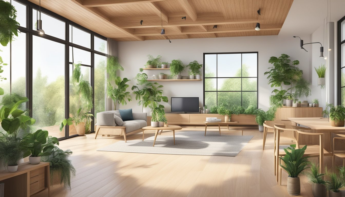 A modern, eco-friendly home renovation with sustainable materials and energy-efficient appliances. Green plants and natural light fill the space