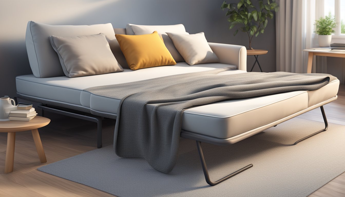 A single foldable sofa bed opens in a cozy living room, with soft pillows and a warm blanket draped over it