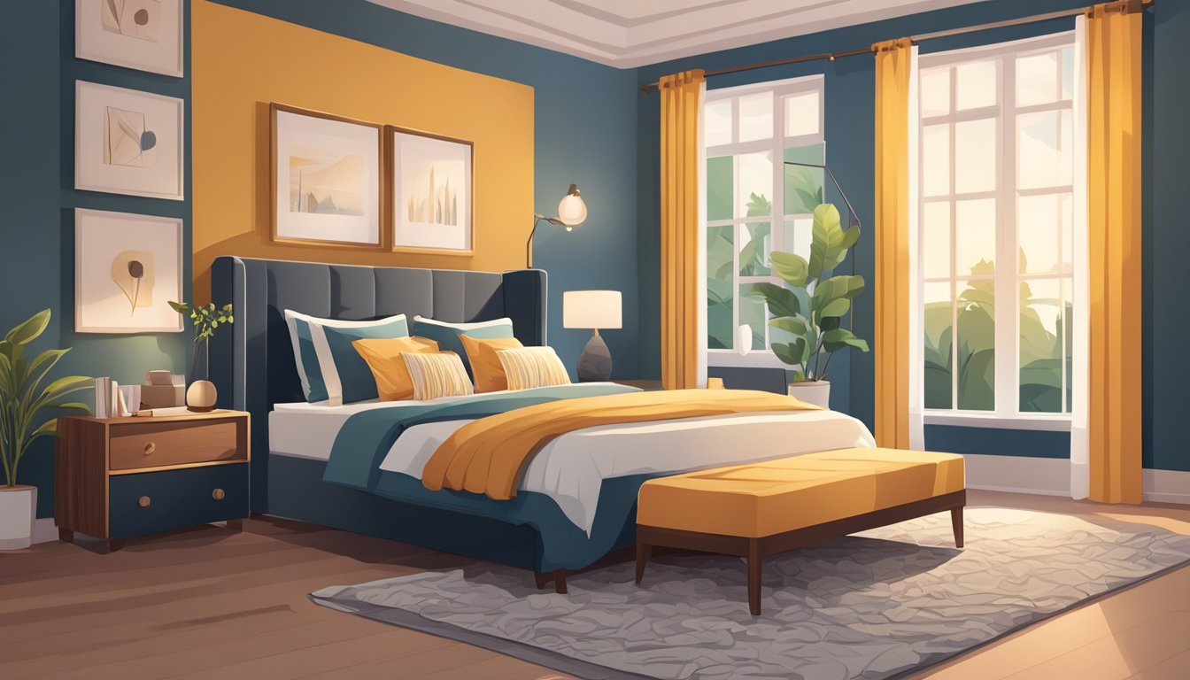 A cozy bedroom with modern furniture and vibrant colors. A large, comfortable bed with decorative pillows, a stylish nightstand, and a sleek dresser. Warm lighting and a plush rug complete the inviting atmosphere