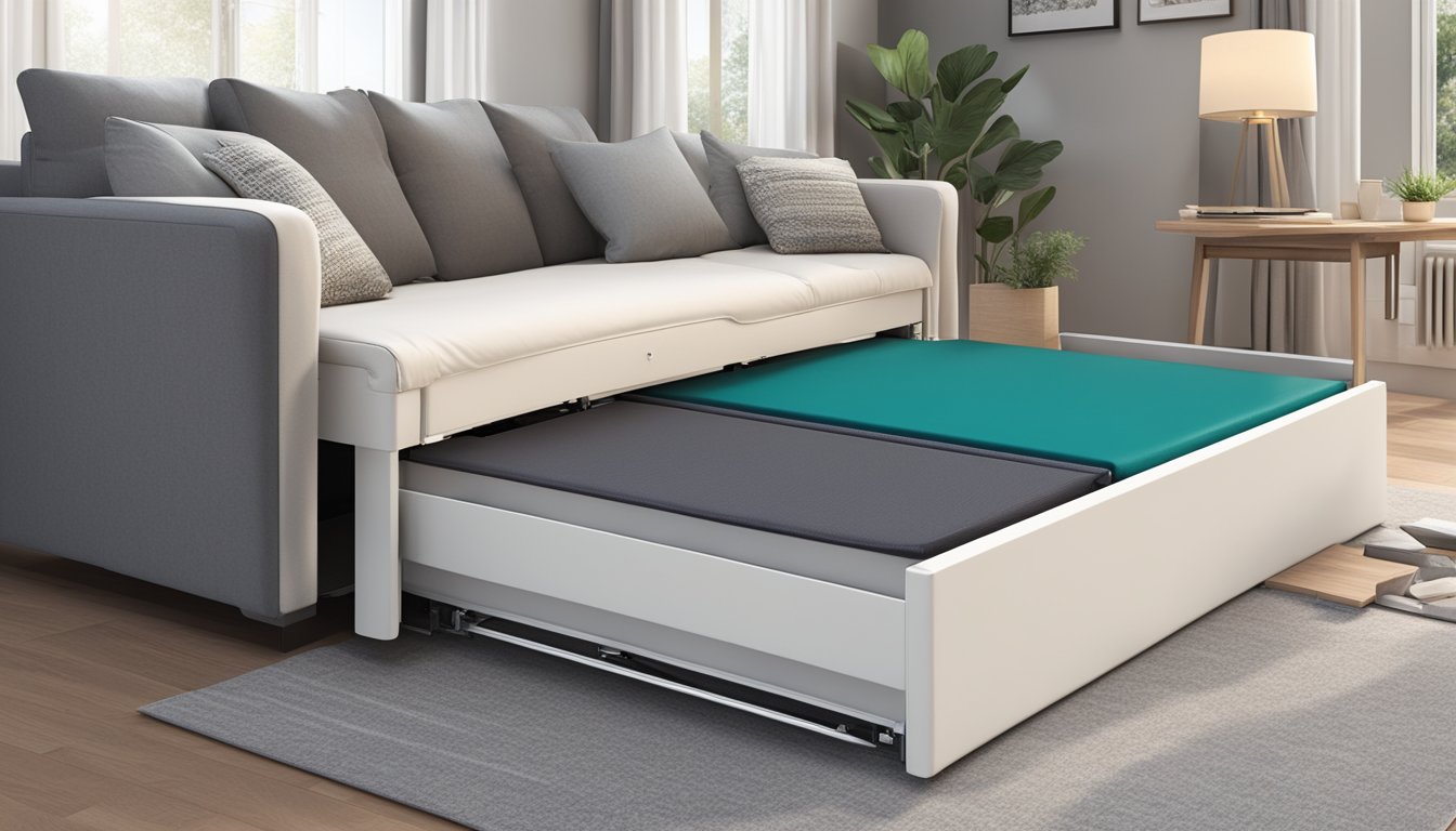 A pull-out bed with storage is being pulled out from a couch, revealing the hidden storage space underneath. The bed is being unfolded, showing its functionality