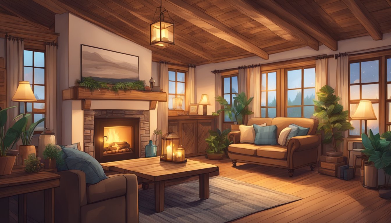 A cozy wood interior with warm lighting, a crackling fireplace, and comfortable furniture arranged around a rustic coffee table