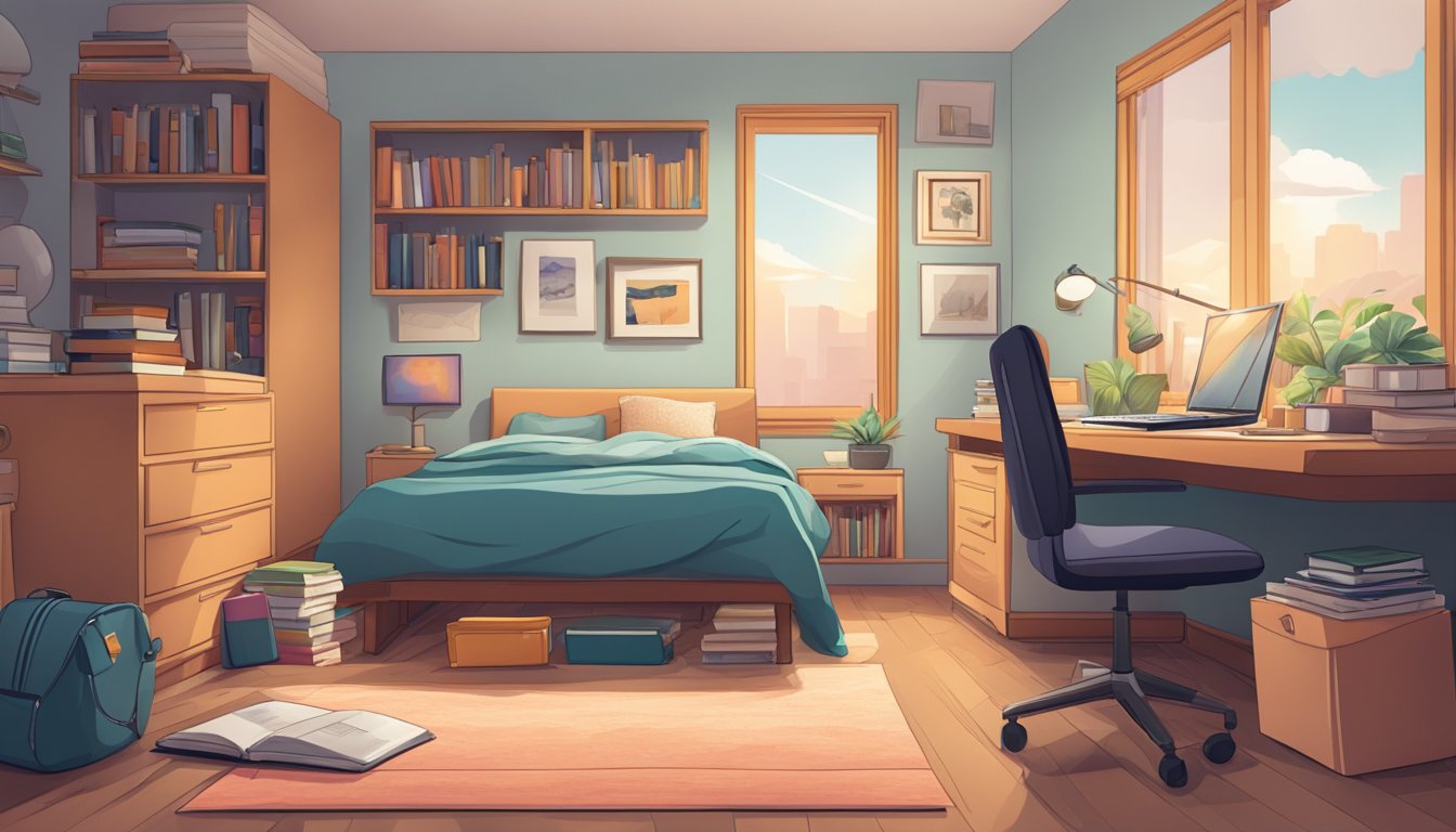 A cluttered bedroom with a bed, desk, chair, and bookshelf. A laptop and notebook sit on the desk, while a stack of books rests on the floor