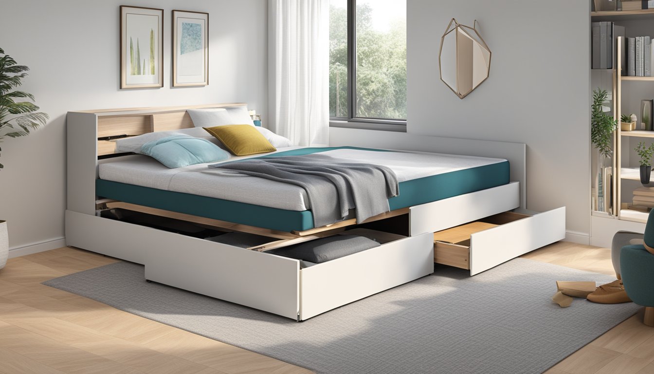 A pull-out bed with storage is being opened to reveal its functionality. The bed smoothly extends from the frame, while the storage compartments are easily accessible