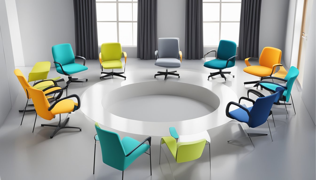 Various chairs arranged in a circle, each labeled with a different type of question (e.g. "What is the weight limit?"). Bright, clean setting