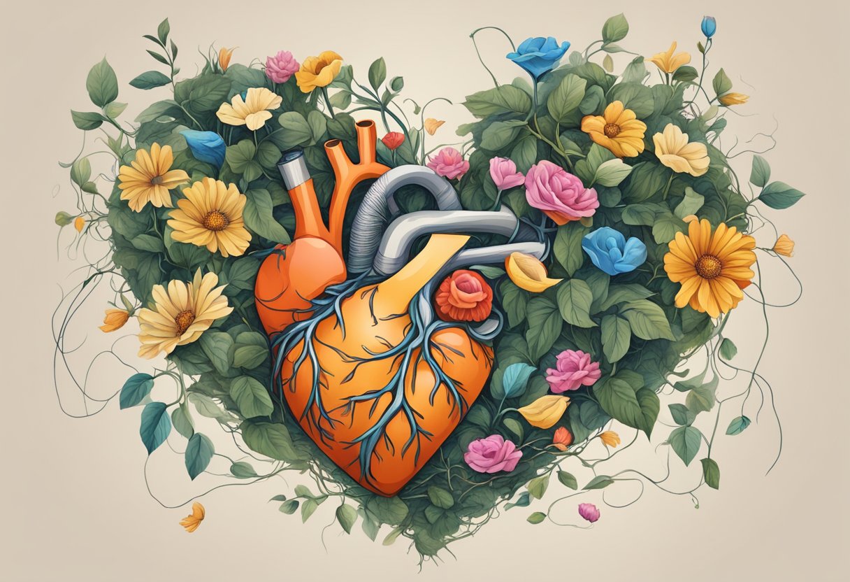 A broken heart lies scattered among wilted flowers and tangled vines, symbolizing the struggle of mismatched love