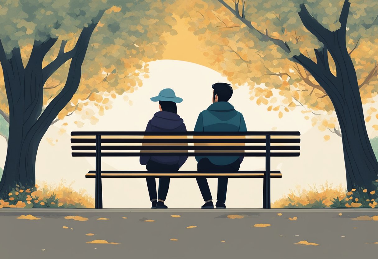 A couple sitting on opposite ends of a park bench, looking away from each other with a tense atmosphere between them