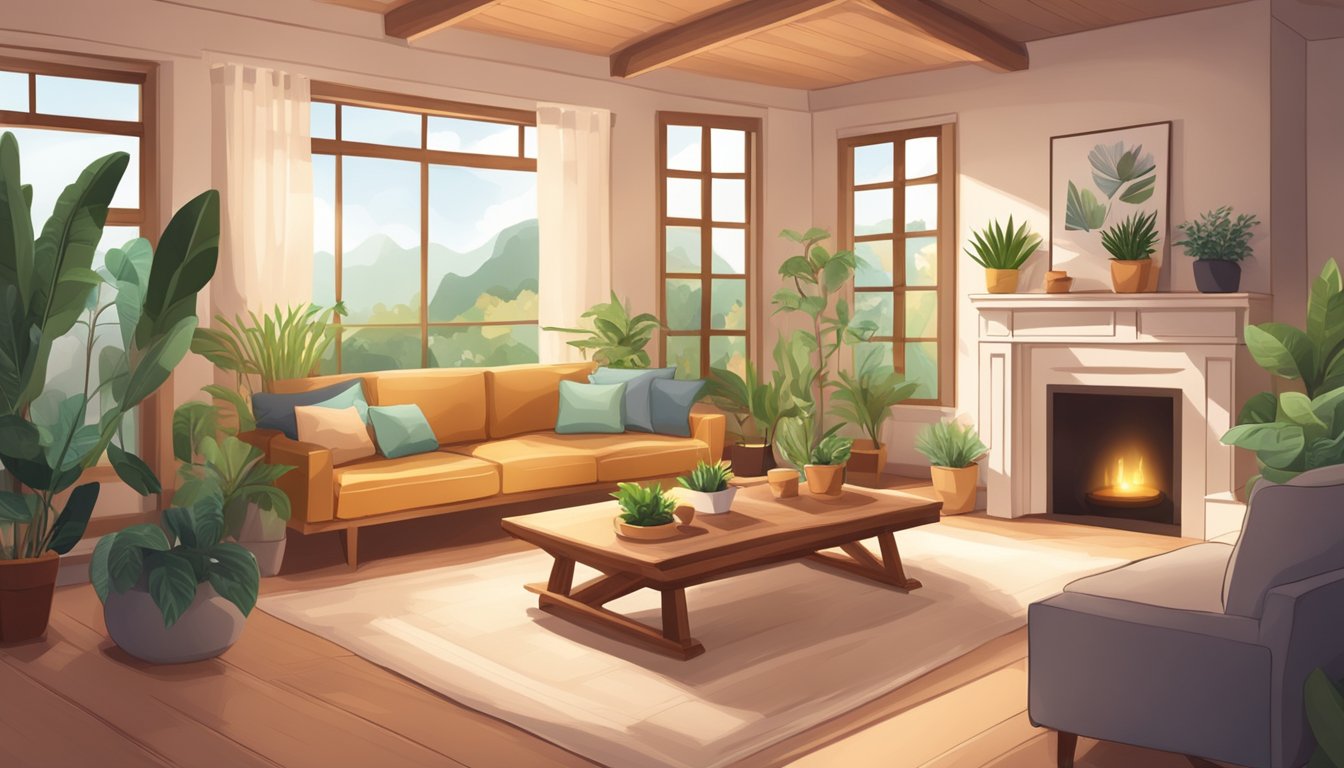 A cozy living room with wooden furniture, warm lighting, and plants