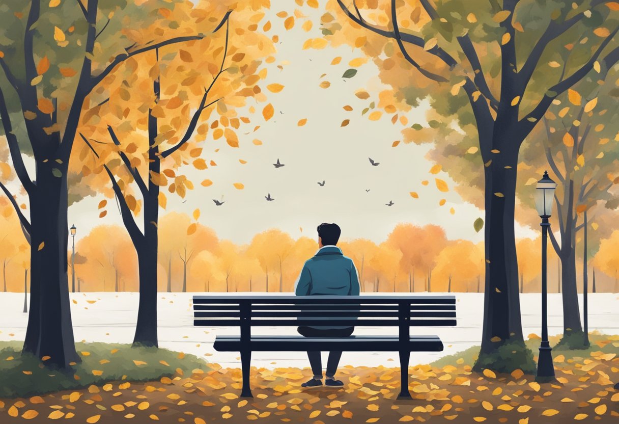 A person sitting alone on a park bench, surrounded by fallen leaves, looking contemplative and lost in thought