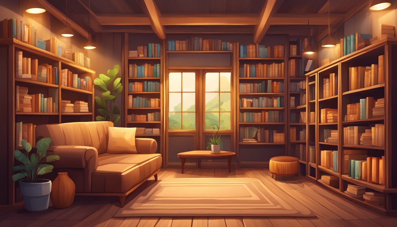 A cozy wood interior with shelves of neatly organized FAQs books, a comfortable seating area, and warm lighting