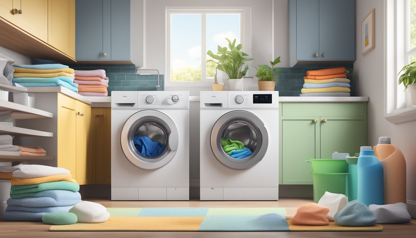 A modern, sleek washing machine sits in a spacious laundry room, surrounded by neatly folded piles of laundry and a basket of colorful detergent pods