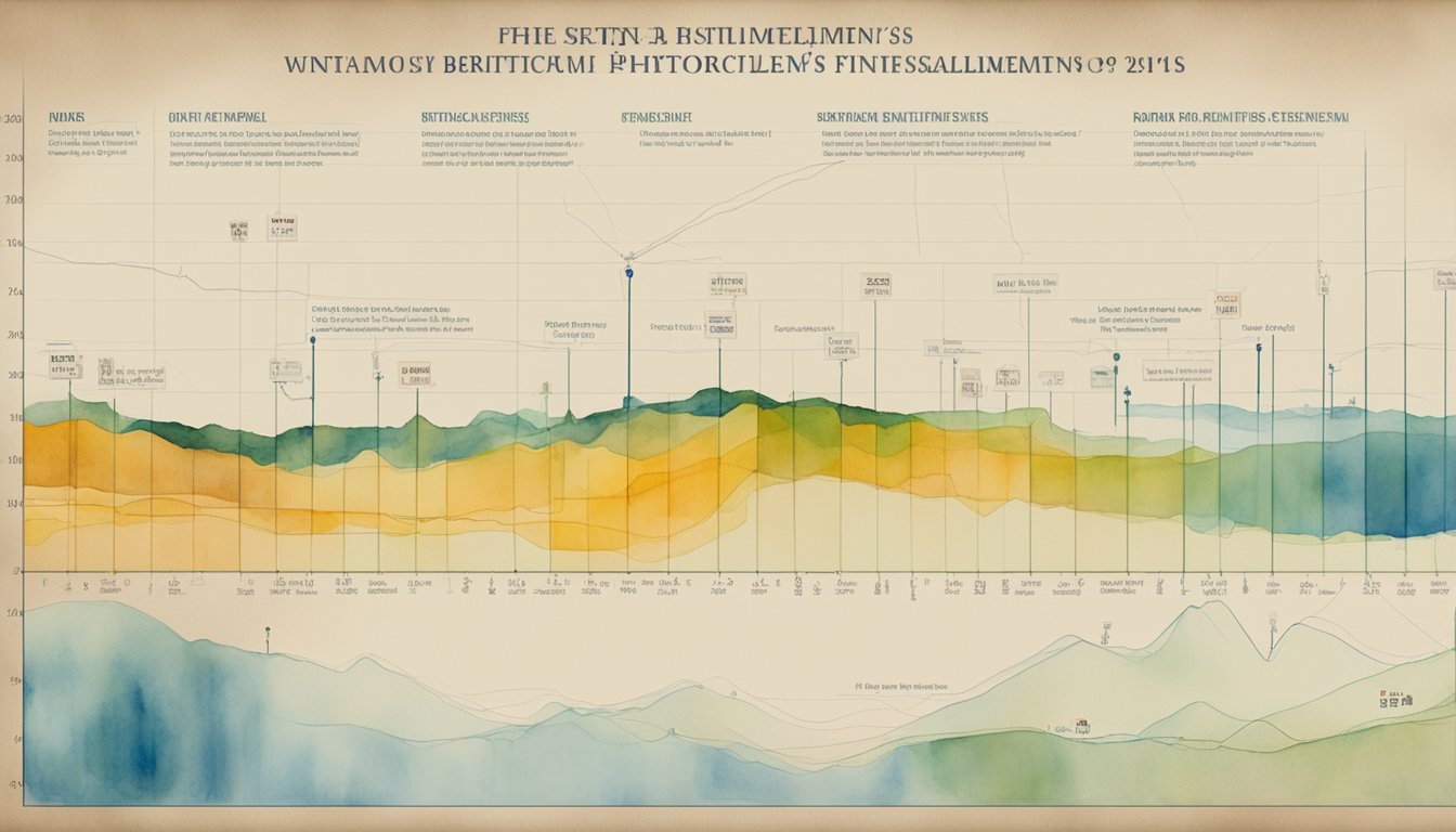 The scene shows a timeline of British Petroleum's historical fines and settlements, with dates and amounts displayed on a chart or graph