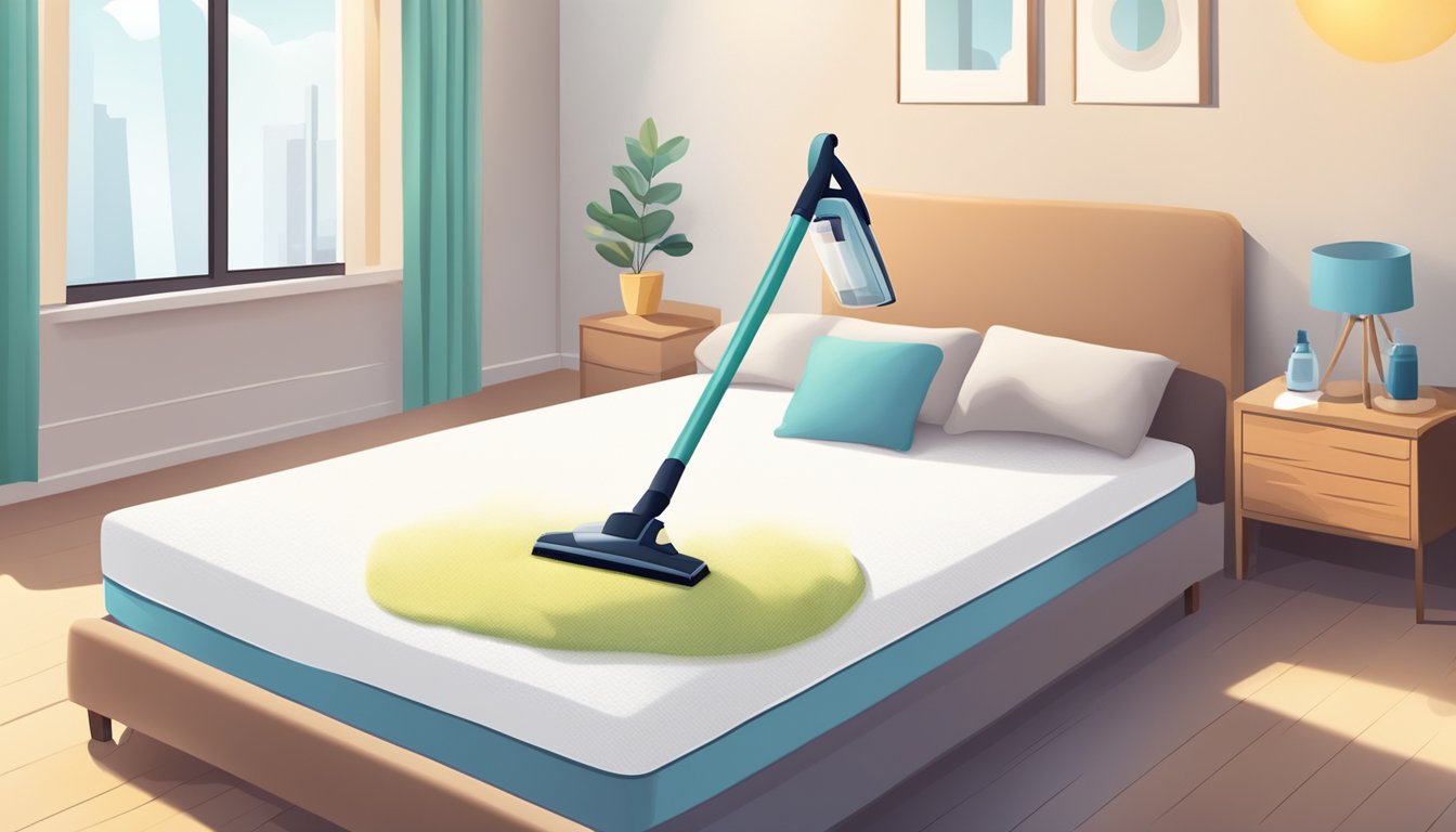 A vacuum cleaner removing dust from a mattress topper. A spray bottle and cloth for spot cleaning. A sunny room with a neatly made bed