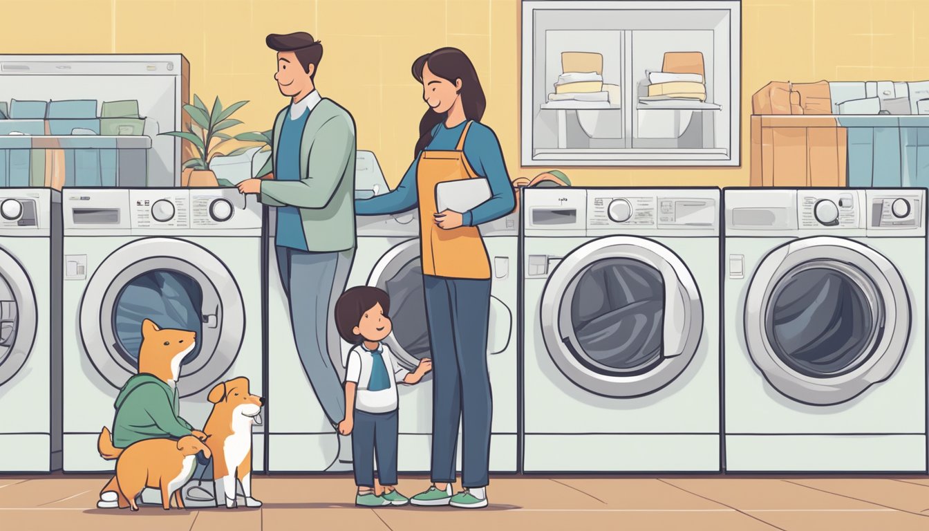 A family stands in front of a row of washing machines, comparing features and sizes. A salesperson assists them in making the perfect choice