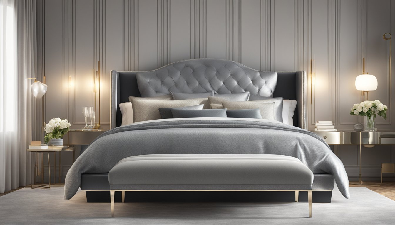 A silver fabric bed sits in a softly lit room, adorned with plush pillows and a cozy throw. The metallic sheen of the fabric catches the light, creating a sense of luxury and comfort