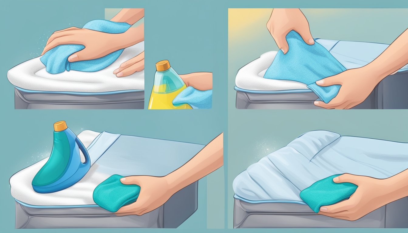 A hand pouring a small amount of gentle detergent onto a damp cloth, gently scrubbing the surface of a mattress topper, and then using a clean, dry cloth to pat it dry