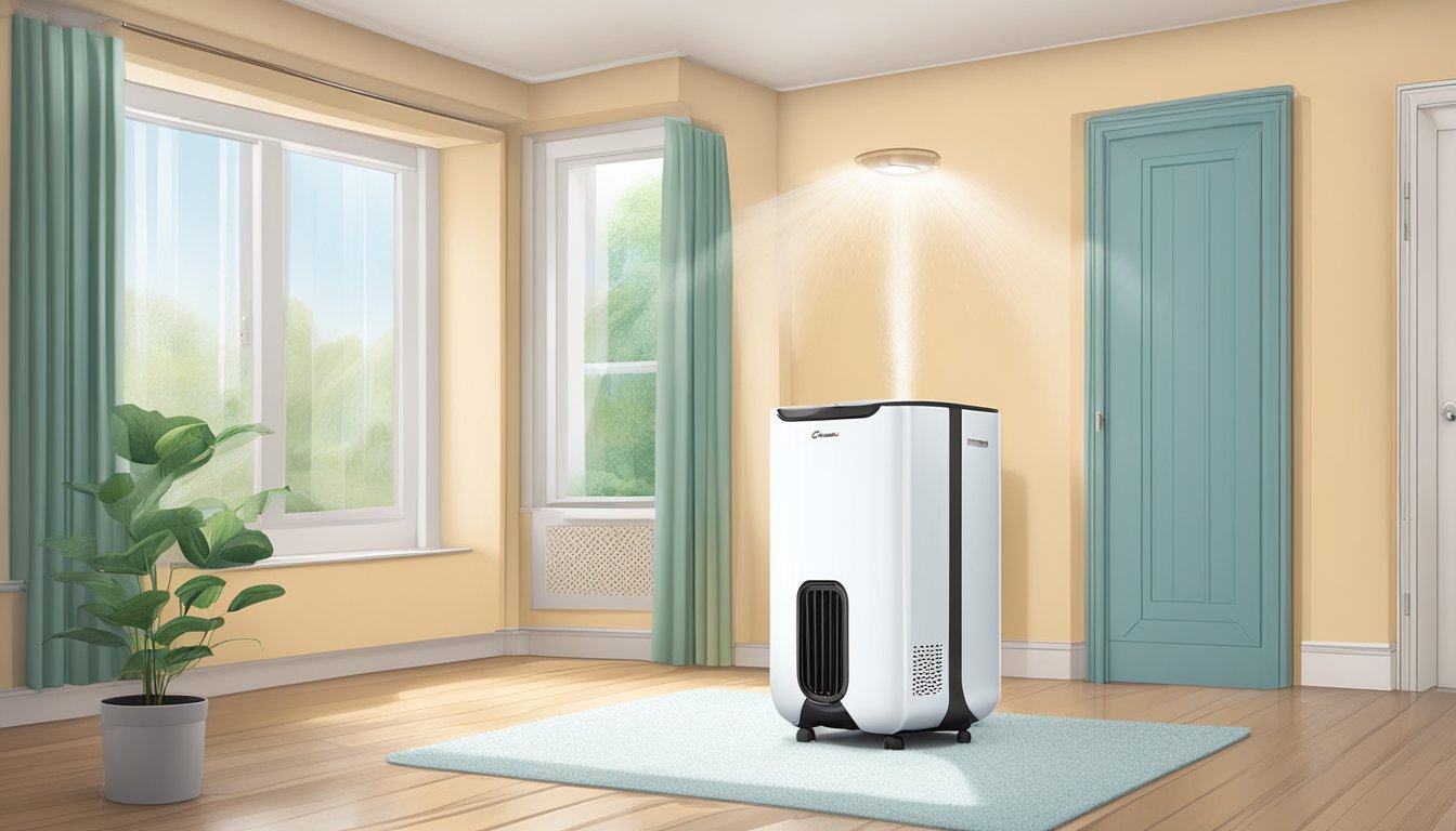 A small room with a Europace mini dehumidifier placed in the corner, with moisture droplets collecting on its surface