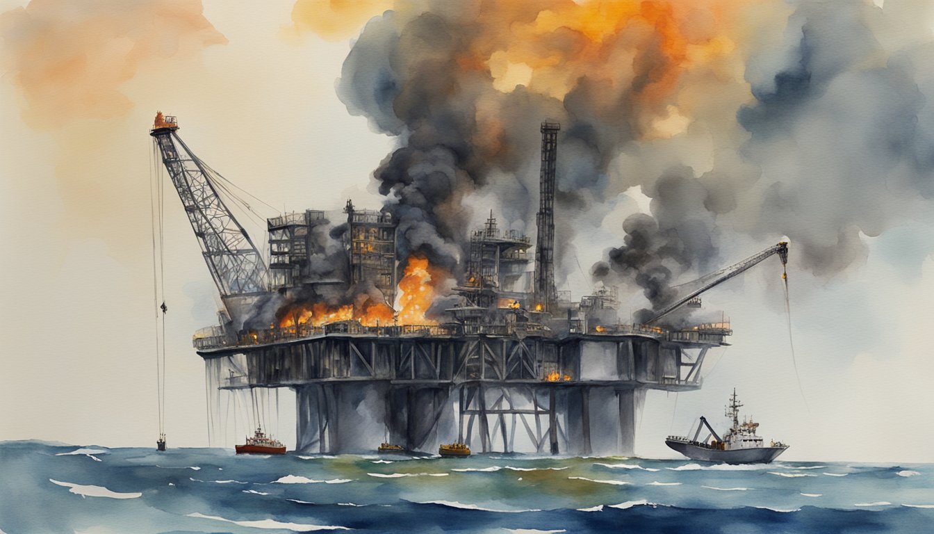 The Deepwater Horizon rig is engulfed in flames as oil spills into the Gulf of Mexico.</p><p>BP faces hefty fines for the environmental disaster