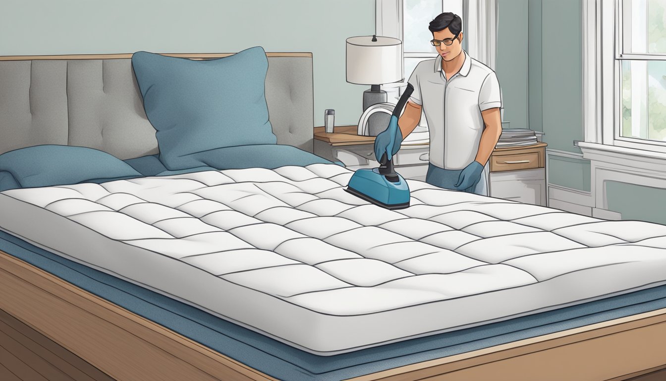 A mattress topper being gently vacuumed and spot cleaned by a professional service