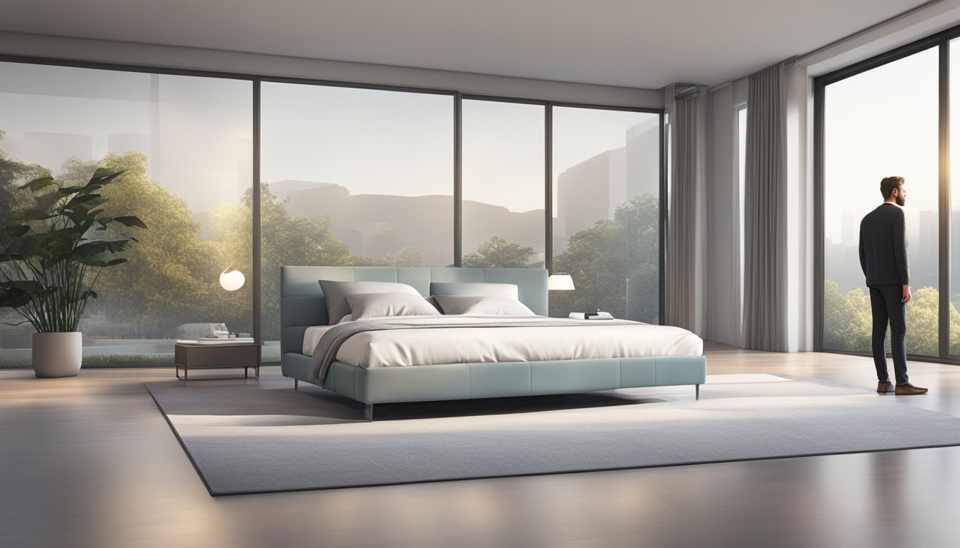 A customer admires a sleek silver fabric bed in a well-lit showroom