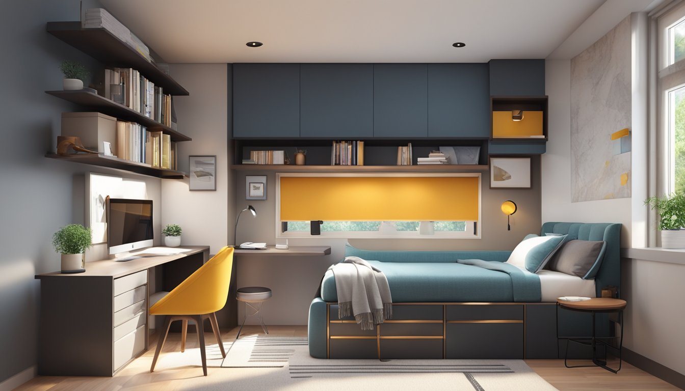 A small bedroom with a compact study table, wall-mounted shelves, and a comfortable chair. The table has built-in storage and a sleek, minimalist design