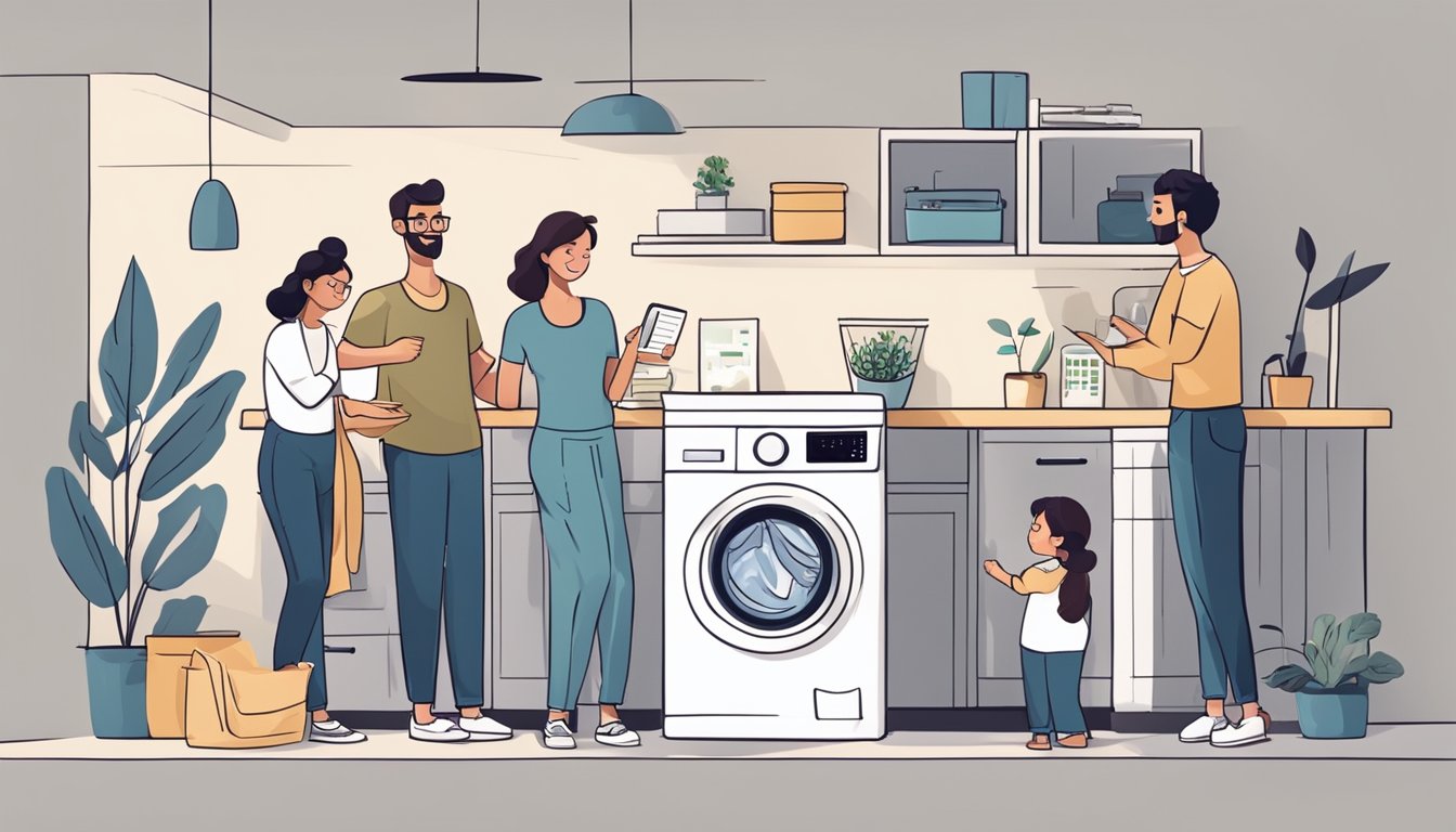 A happy family gathers around a modern washing machine, reading a list of frequently asked questions about its features and functionality