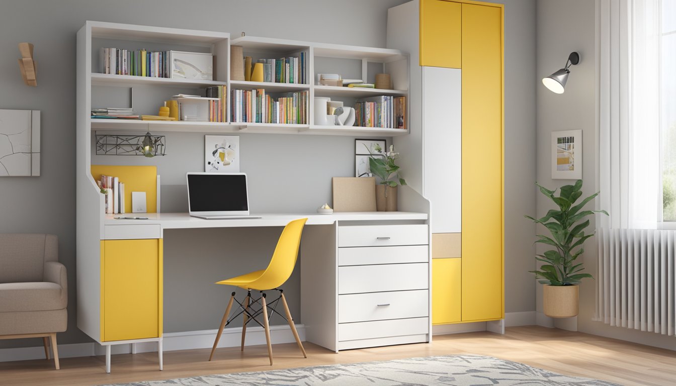 A compact study table fits snugly against the wall, with built-in shelves and drawers for storage. A foldable desk surface provides extra space-saving functionality