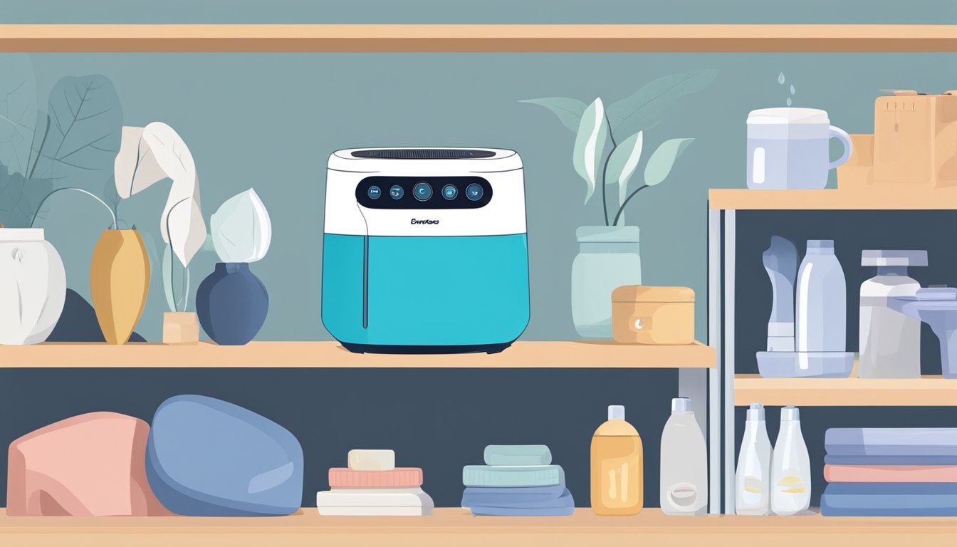 The europace mini dehumidifier sits on a shelf, surrounded by various household items. A small puddle of water collects underneath the machine, while a subtle glow emanates from its power button