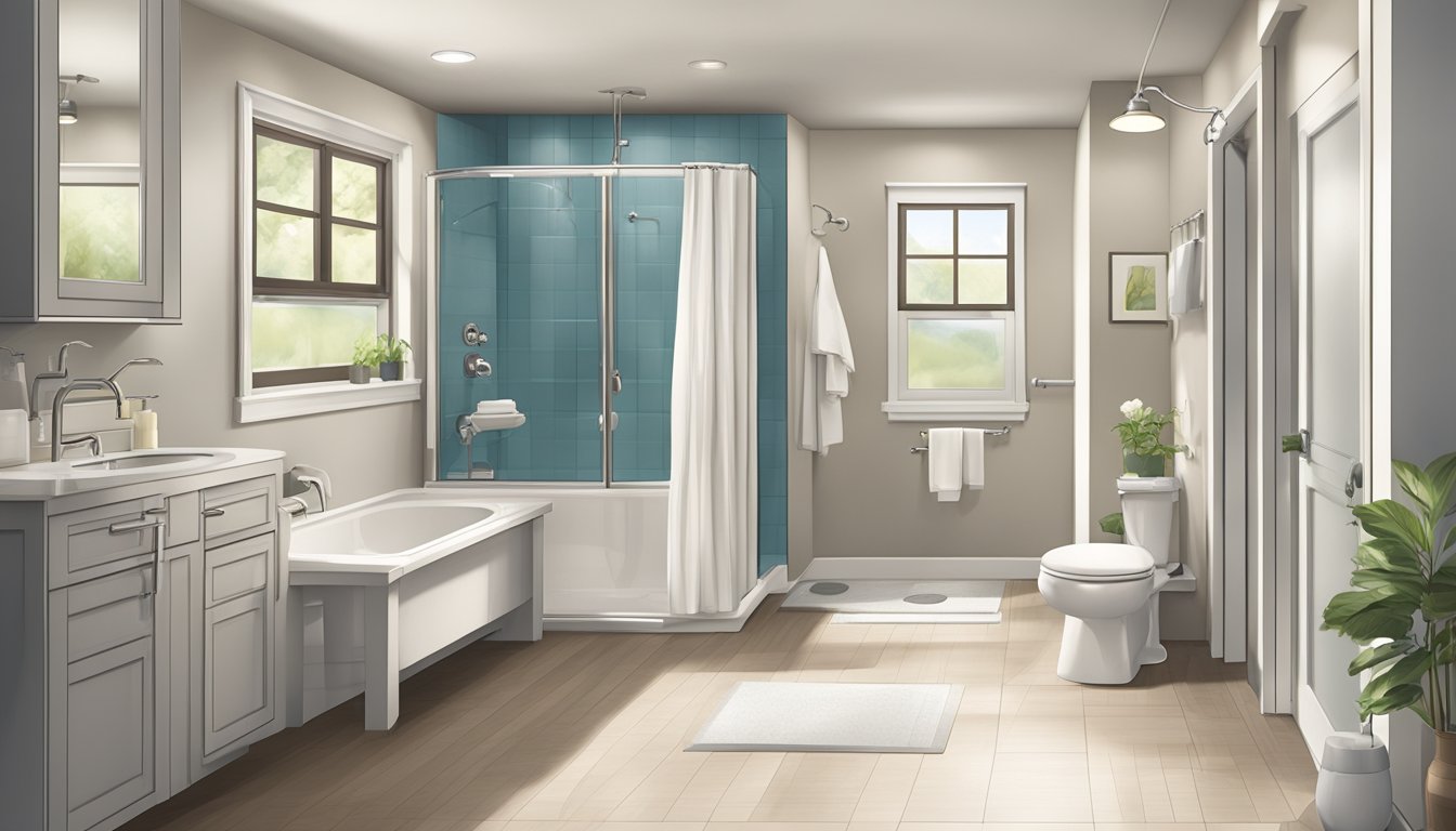 A spacious, well-lit bathroom with grab bars, non-slip flooring, and a walk-in shower with a bench. Raised toilet seat and lever-handled faucets for accessibility and safety