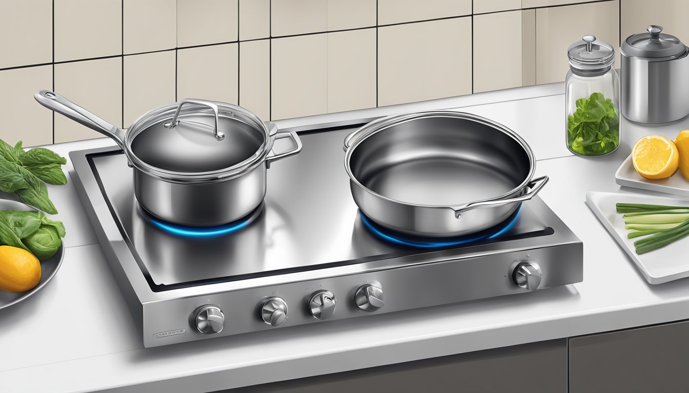 A stainless steel induction pan sits on a modern stovetop in a sleek Singaporean kitchen