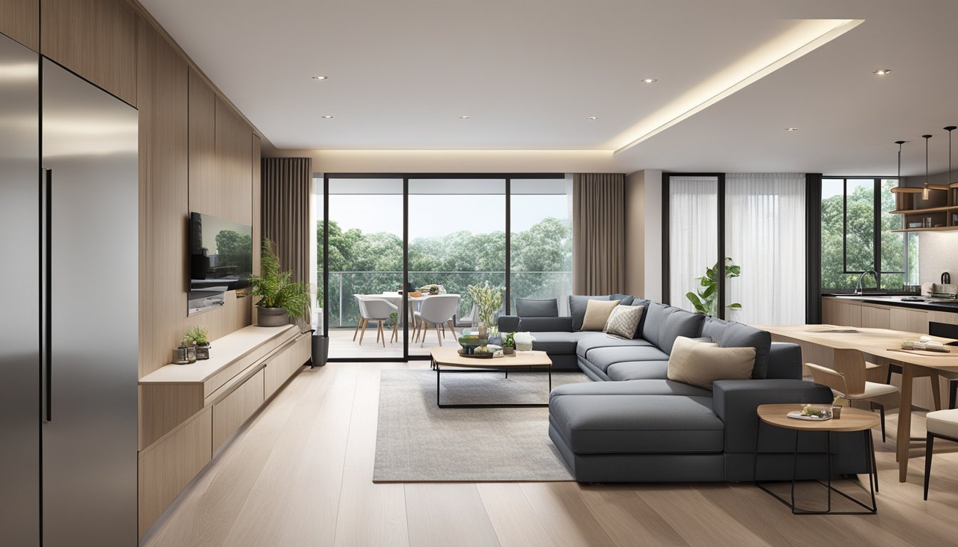 Modern 2 bedroom condo in Singapore. Sleek furniture, neutral color palette, and natural light. Open concept living area with kitchen island. Cozy bedrooms with built-in storage