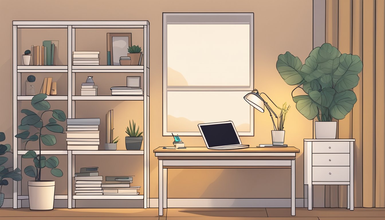 A clutter-free study table with a sleek lamp, organized stationery, and a potted plant, set against a backdrop of a small, cozy bedroom