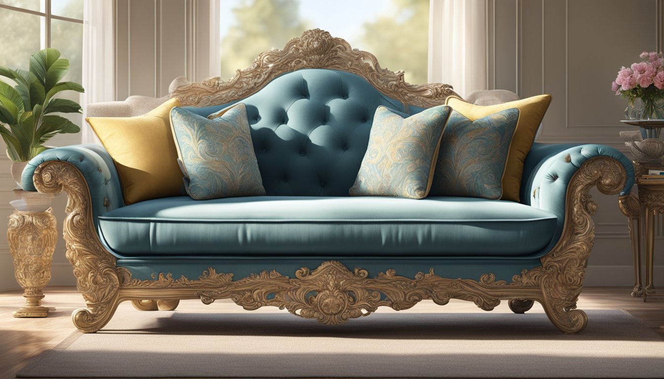 A luxurious Italian sofa sits in a sunlit room, adorned with plush cushions and intricate detailing