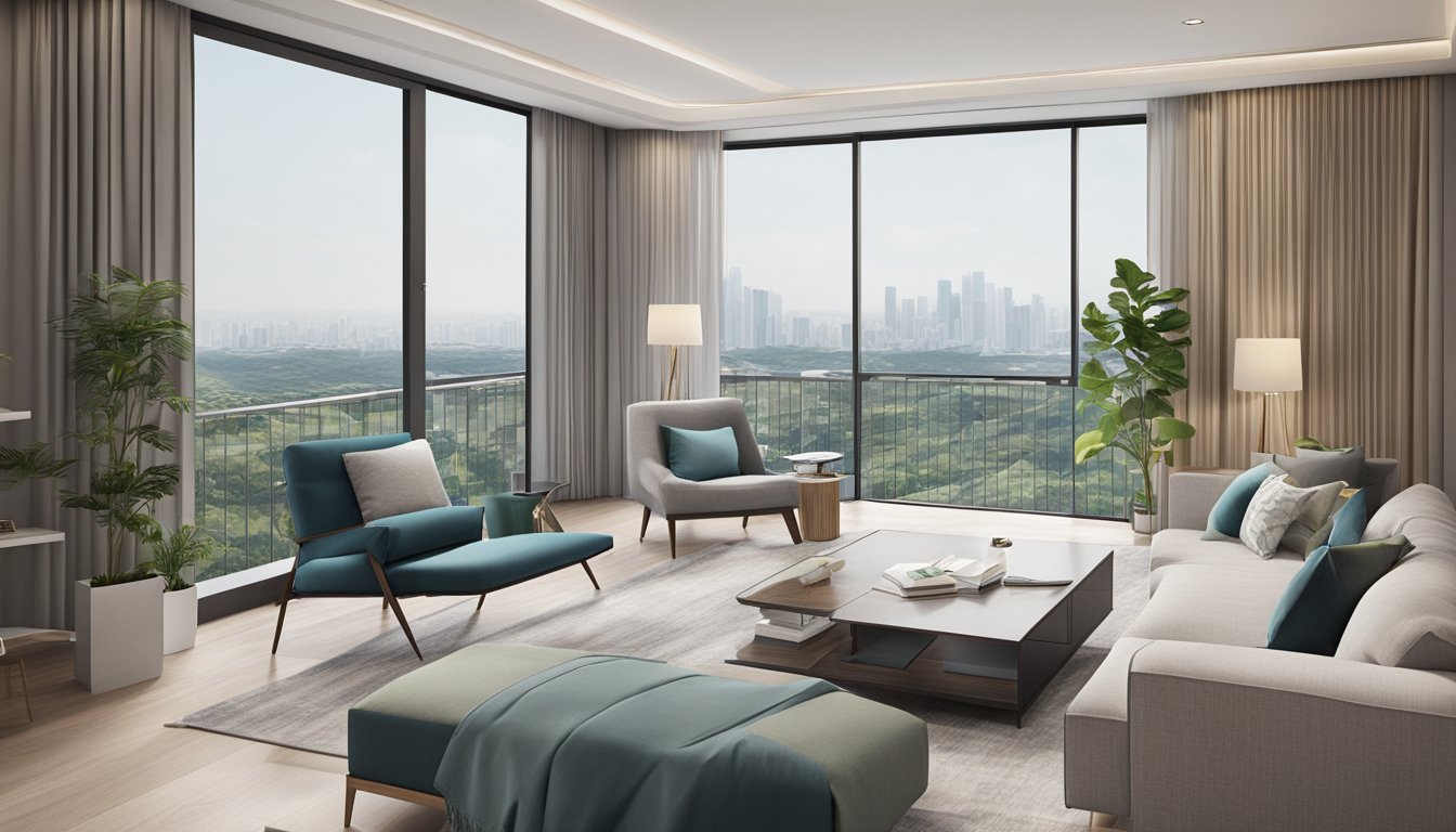 A modern 2 bedroom condo in Singapore, featuring sleek furniture, minimalist decor, and large windows with city views