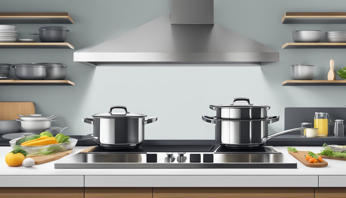 A kitchen counter with a variety of induction pans arranged neatly, with a sleek and modern design, set against a backdrop of a contemporary kitchen