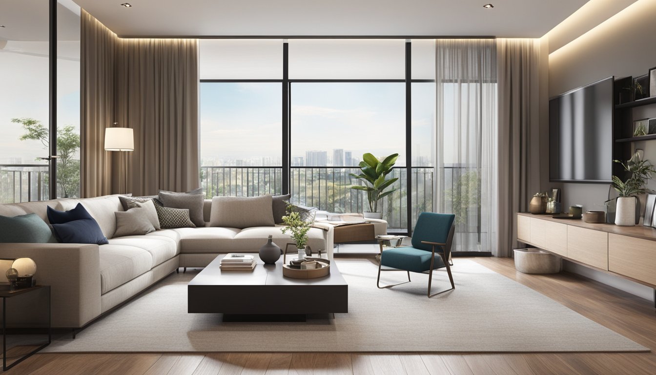 The 2-bedroom condo interior features sleek, modern furniture and fixtures, with a focus on maximizing functionality and aesthetics. The space is well-lit with natural light and accentuated by tasteful decor and artwork