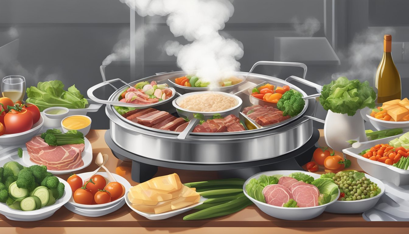 A steaming europace steamboat surrounded by assorted raw meats and fresh vegetables on a sleek, modern dining table