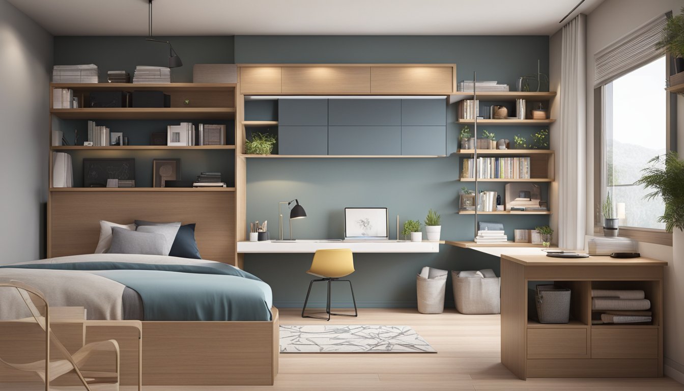 A small bedroom with a compact study table, shelves, and storage solutions. Clean, modern design with efficient use of space