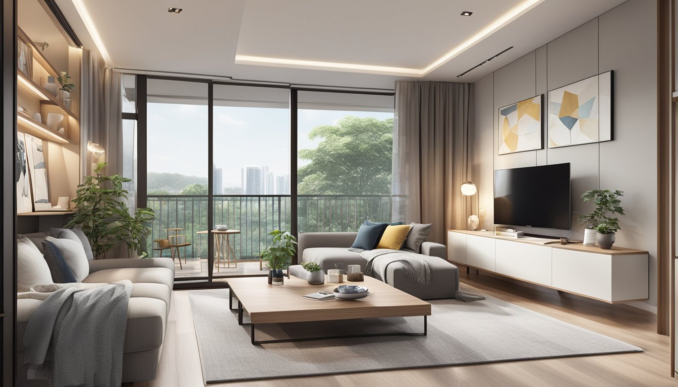 A cozy 2-bedroom condo in Singapore with modern furniture, a neutral color palette, and plenty of natural light streaming in through large windows