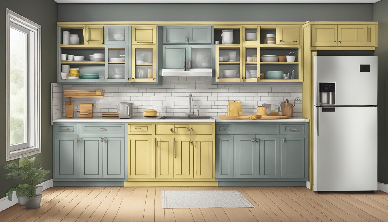 A kitchen with empty cabinets, measuring tape, and budget-friendly cabinet options displayed