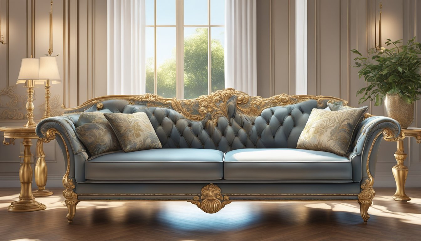 A luxurious Italian sofa sits in a sunlit room, adorned with plush cushions and intricate detailing, exuding elegance and comfort