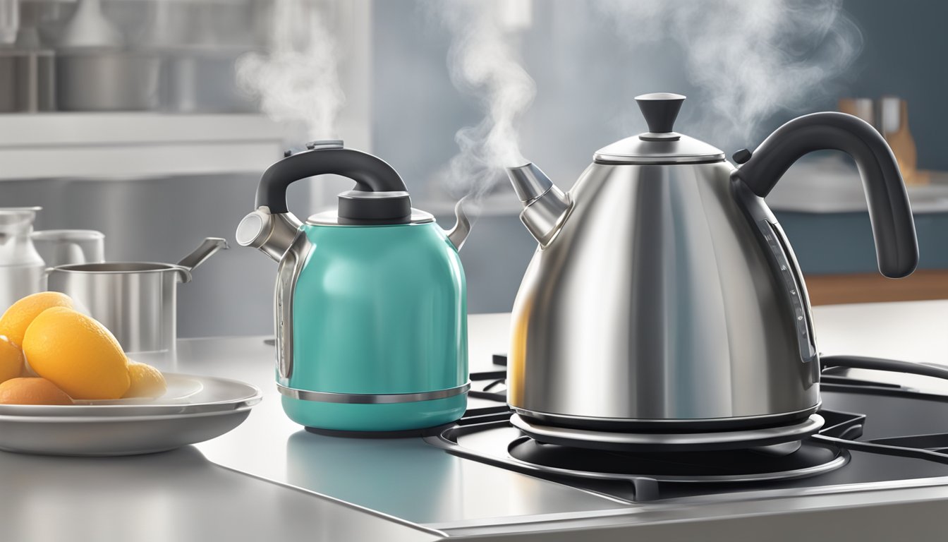 A stainless steel kettle sits on a gas stove, steam rising from its spout