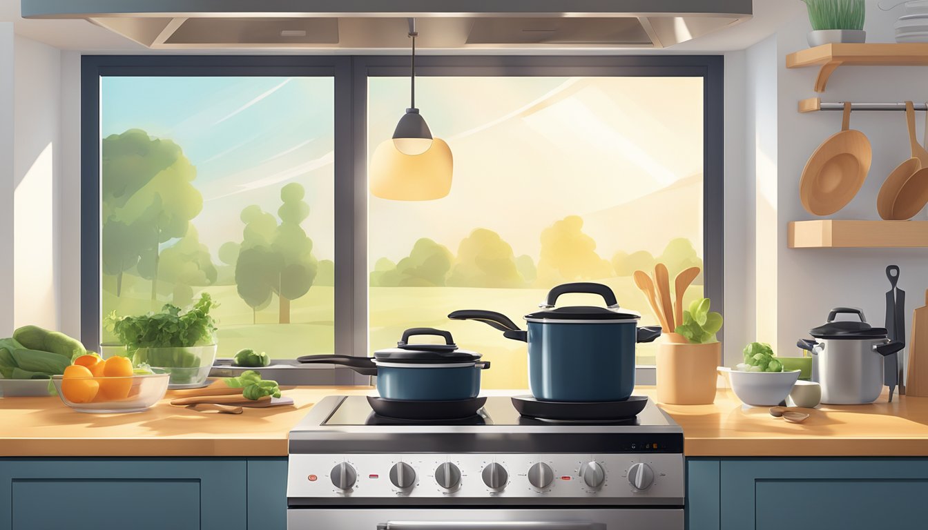 A modern kitchen with a sleek induction cooktop and a variety of cooking accessories neatly organized on the countertop. Bright natural light streams in through the window, casting a warm glow over the scene