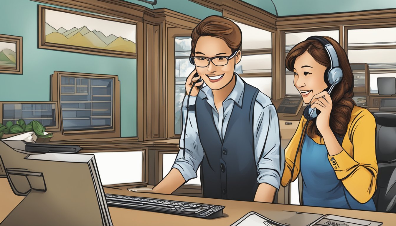 A customer service representative assures a customer over the phone while a steamboat logo is displayed prominently in the background