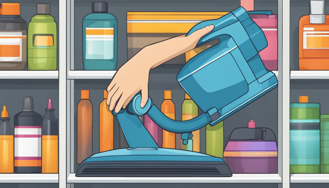 A hand reaches for a vacuum cleaner on a store shelf