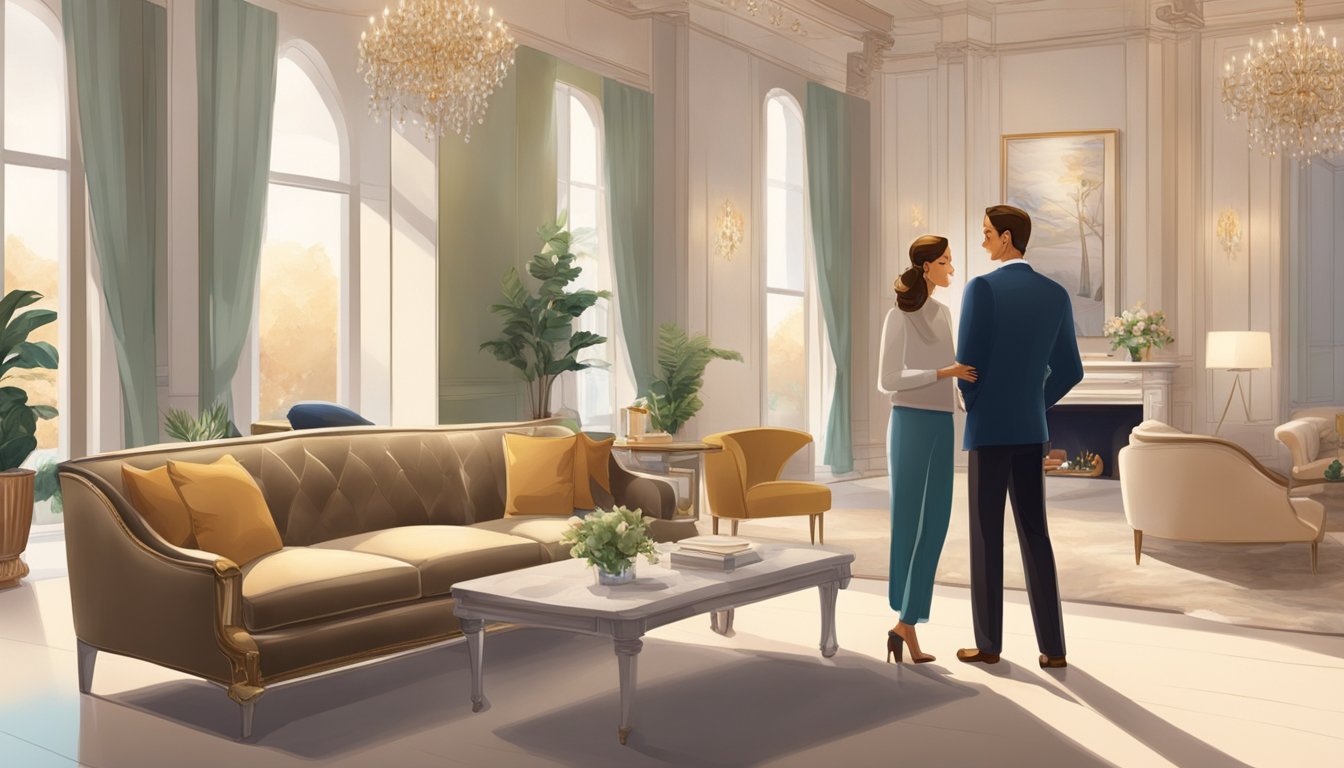 A couple stands in a showroom, carefully selecting a luxurious Italian sofa from a variety of options. The room is elegantly decorated with soft lighting and tasteful furnishings