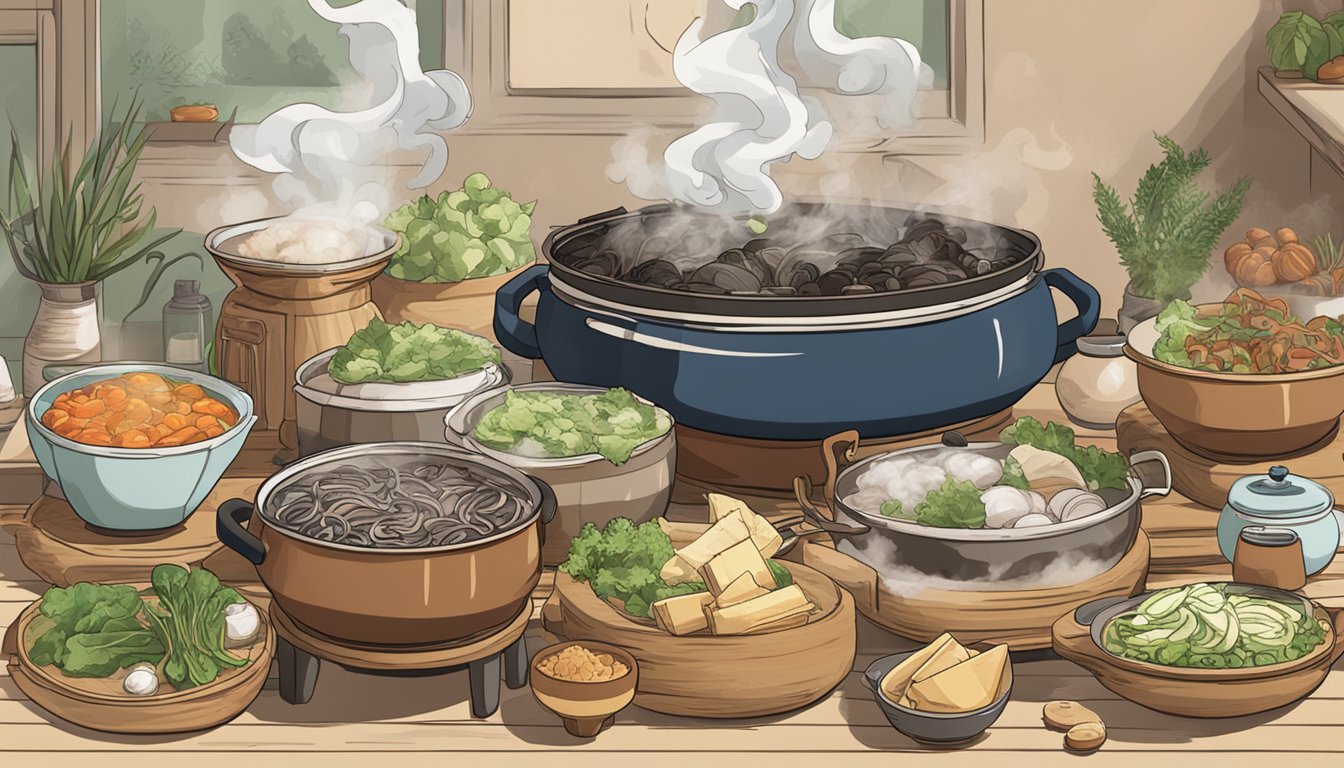 A steaming hot pot sits on a table, surrounded by various ingredients and utensils. A banner with "Frequently Asked Questions europace steamboat" is displayed prominently