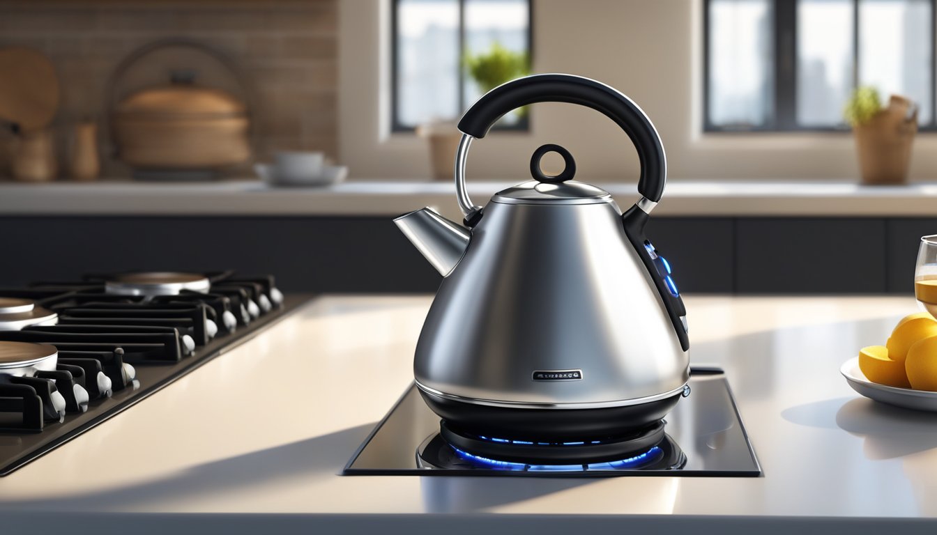 A stainless steel kettle sits on a gas stove, steam rising from its spout. The kettle's sleek, metallic surface reflects the warm glow of the kitchen