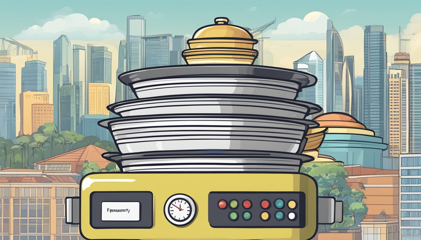 A stack of induction pans with "Frequently Asked Questions" label, set against a backdrop of Singapore landmarks