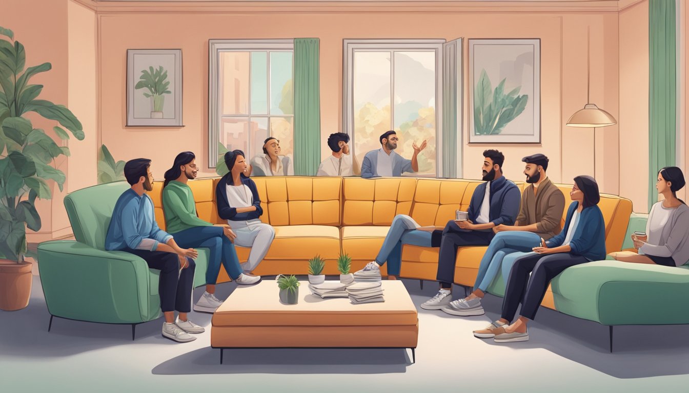 A modern Italian sofa surrounded by a group of people asking questions, with a sense of curiosity and engagement in the air