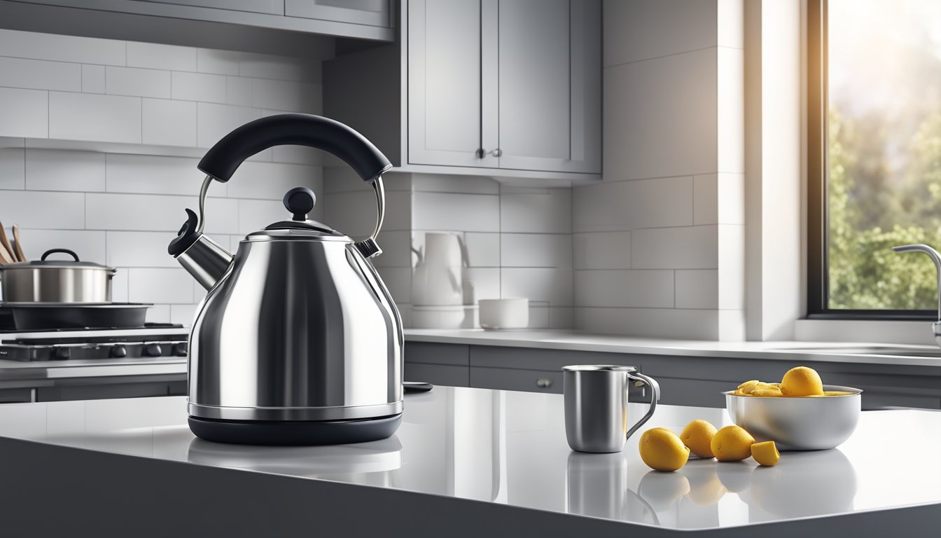 A hand reaches for a sleek stainless steel kettle on a modern kitchen countertop. The kettle's reflective surface catches the light, showcasing its smooth, clean lines